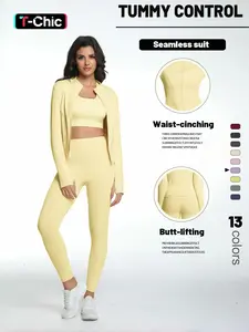 Women's Plain Sportswear Set, Zip-Up Jacket & High-Waisted Long Pants for All Seasons, Ideal for Yoga and Outdoor Activities