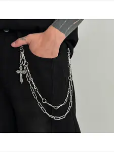 2026 Trending Gothic Cross Pants Chain | Barbed Wire Double Strand Silver Jeans Chain | Punk Streetwear Wallet Chain for Festival, Rave & Casual Looks | Unisex Dark Fashion Accessory