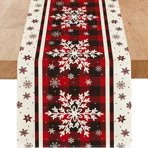 Snowflakes Christmas Table Runner with Buffalo Plaid, Winter Xmas Holiday Kitchen Dining Table Decoration for Indoor Outdoor Home Party Decor 13 x 72