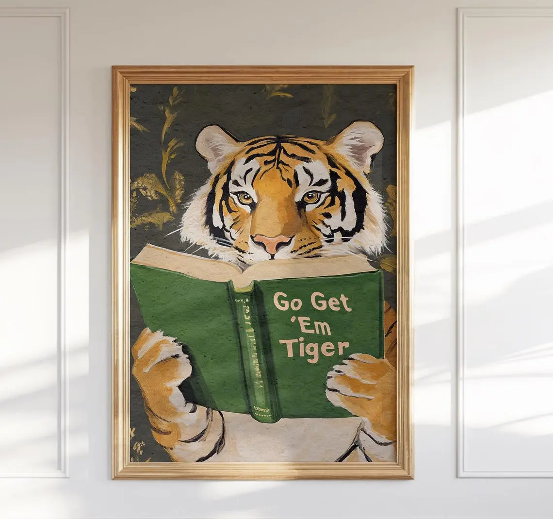 Motivational Tiger Reading Print Humorous Bookworm Wall Art for Library, Office, or Study Decor