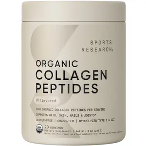 Sports Research Organic Collagen Peptides Powder 8oz Unflavored – Grass Fed Collagen Type I & III for Skin Hair Nails Joint Support