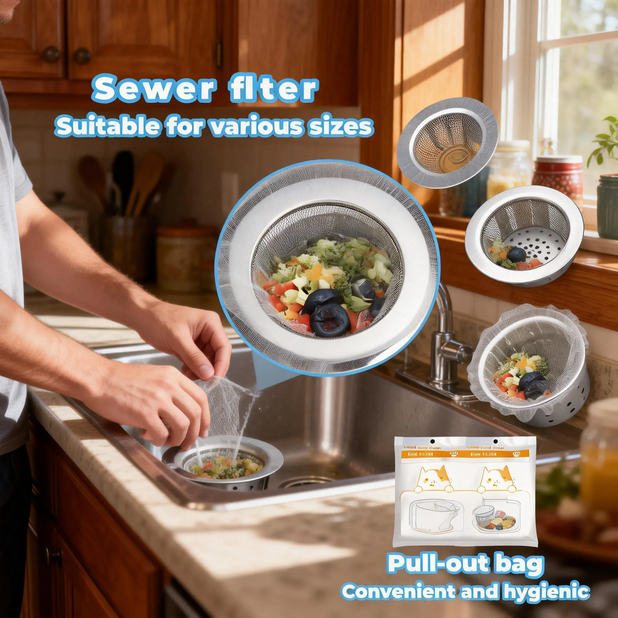 100 Pcs Elastic 100% Nylon Mesh Sink Strainer Bags with Easy-Pull Packaging Dispenser - Elastic Rim Drain Cover, High-Density Fine Mesh Tear-Off Filter, Fast Drainage Anti-Clog Bag for Food Scraps & Hair, Kitchen Drain Protector, Home Sanitation Aid