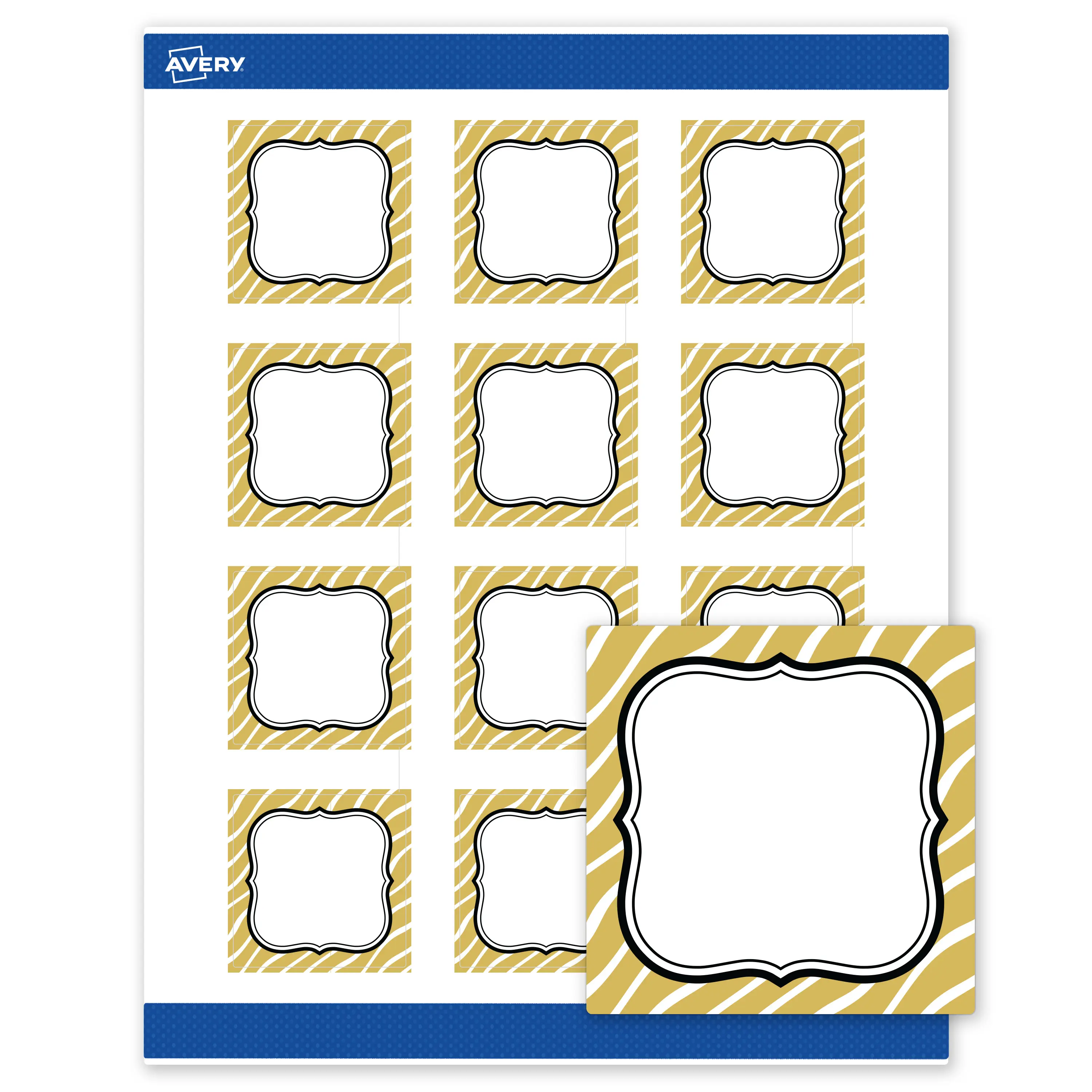 Avery Printable Square Labels, 2" x 2", Matte White, Pre-printed Metallic Gold Zebra Pattern Design, Sure Feed Technology, Laser & Inkjet Compatible, 240 Total