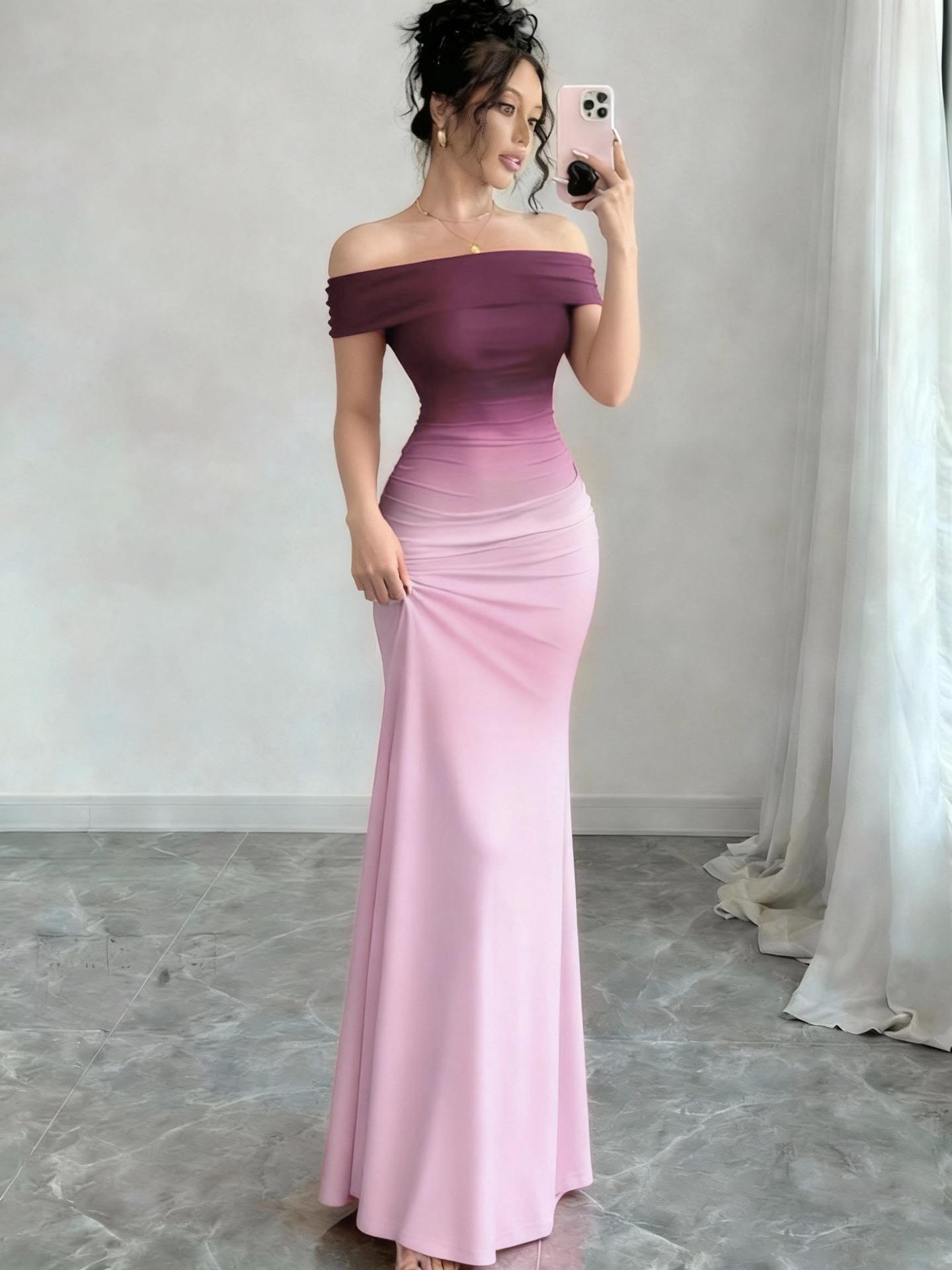 Women's 2026 New Stylish Off-Shoulder Short-Sleeve Ombré Effect Bodycon Maxi Dress for Evening Wear