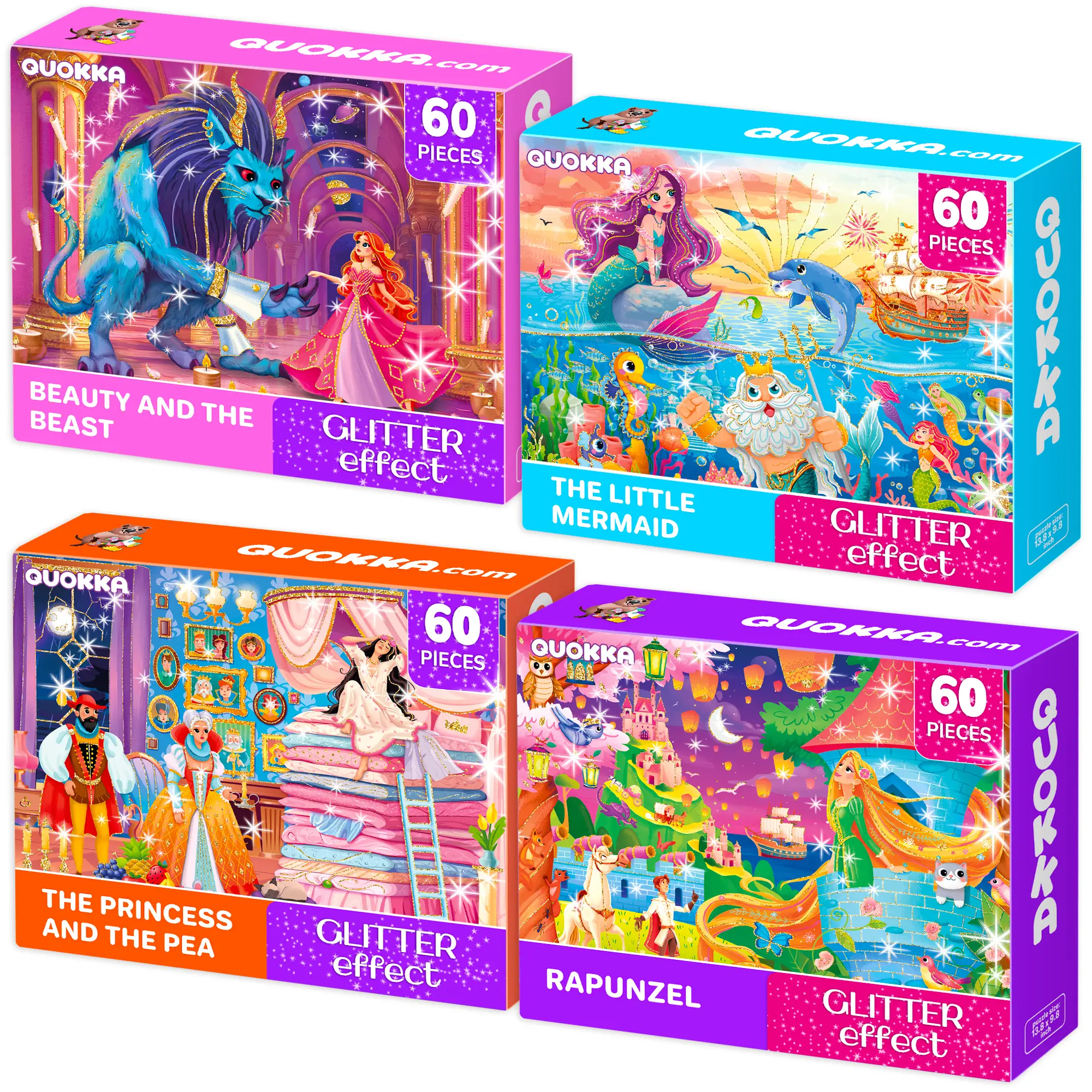 QUOKKA 4-Pack 60-Piece Glitter Effect Jigsaw Puzzles for Kids, Fairy Tale Princess-Themed Pieces Jigsaw Puzzle Set, Pieces Jigsaw Puzzles