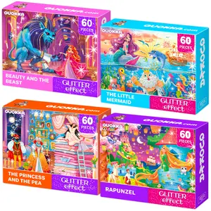 QUOKKA 4 Pack 60 Piece Puzzles for Kids with Glitter Effect - Fairy Tale Jigsaw Puzzle Set with Princess