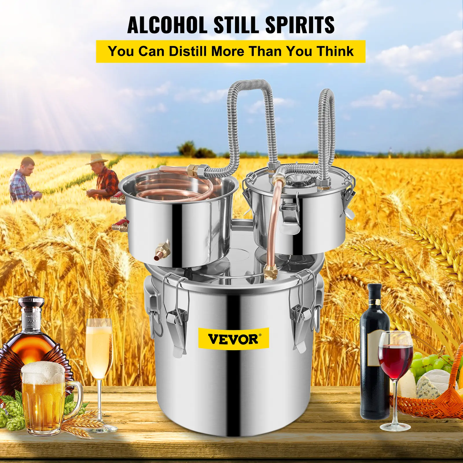 【summerfinds】VEVOR Alcohol Still, 5 Gallon, Stainless Steel Alcohol Distiller with Copper Tube & Build-in Thermometer & Water Pump, Double Thumper Keg Home Brewing Kit, for DIY Whiskey Wine Brandy Drinkware