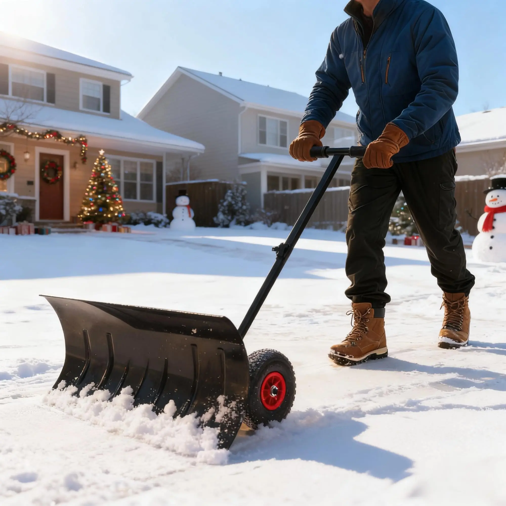 GARVEE Large 29 in x 16.5 in Snow Shovel with Wheels for Driveway, Heavy Duty Push Snow Plow Shovel with Adjustable Handle, Angled Blade, Efficient Snow Removal for Pavement