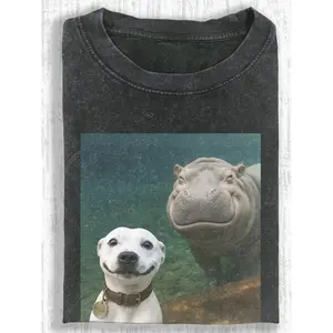 Cute Animal Graphic Tee: Water Dogs & Hippos Print on Batik Cotton, Retro Unisex T-Shirt for Daily Casual Wear & Gifts | #AnimalLover #BatikStyle #UnisexFashion #GiftIdea Fit Geometric