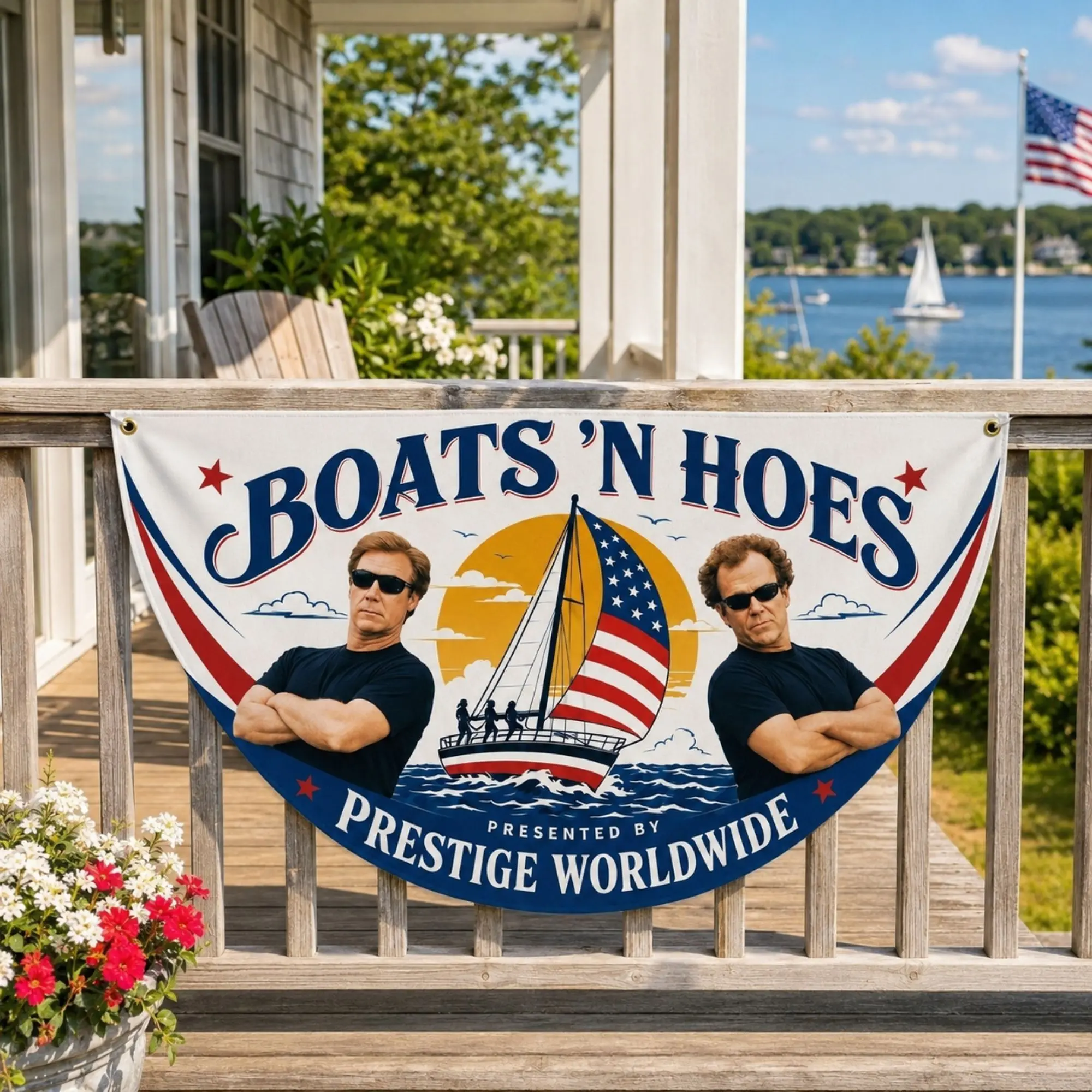Boats ’N Hoes Semicircular Flag, Funny Nautical Porch Banner, Sailing Boat Patriotic Party Decor, Lake House Outdoor Flag, Prestige Worldwide Fan Gift