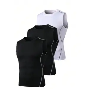 Boyfriend Style Men 3pcs/Set Compression Tank Top Workout Tank Top, Quick Dry Sleeveless Base Layer Gym Clothes Basic T Shirt