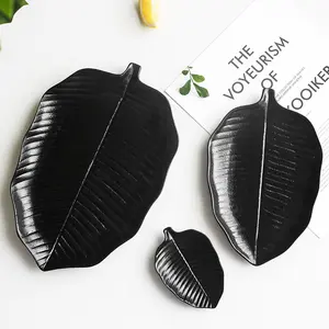 Ceramic Sushi Plates - Black Large Leaf Design Irregular Shape 12 Inches Japanese Style Ink Pattern New Bone China Material for Kids