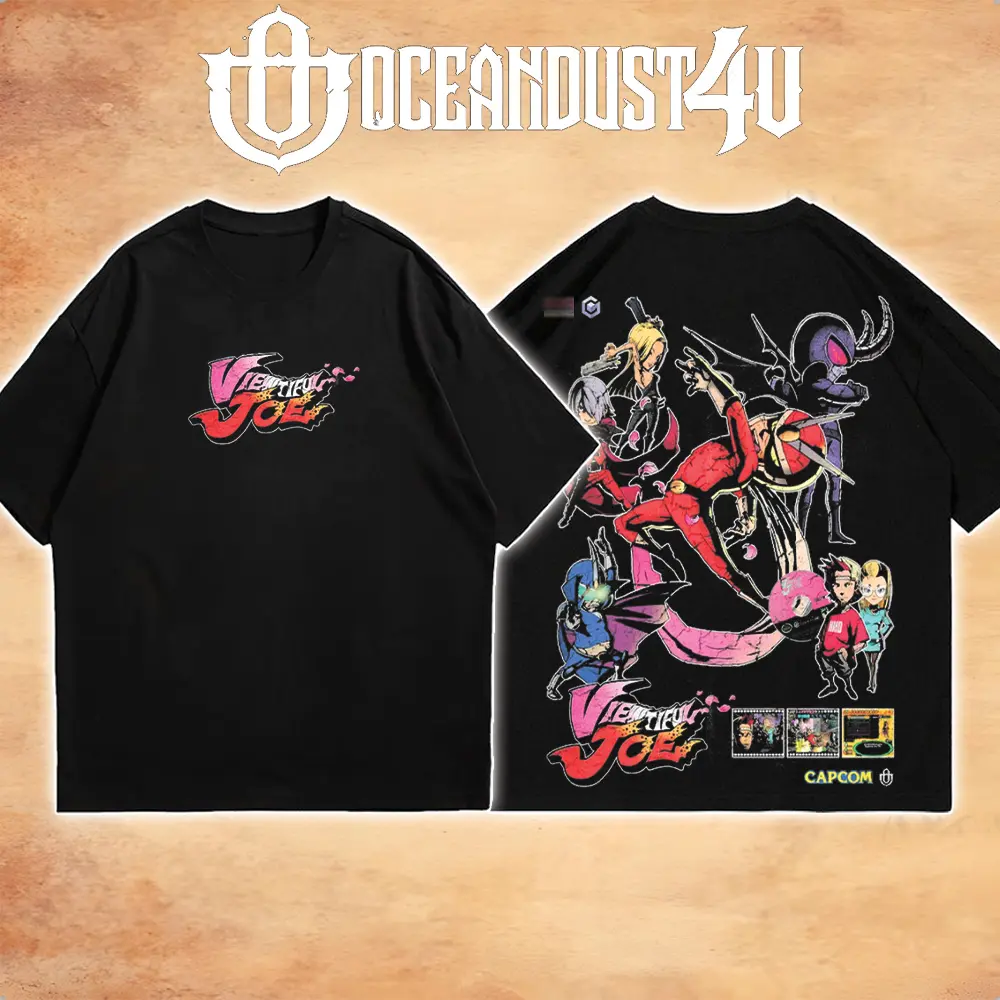 OceanMOB4U Viewtiful Joe Black T-Shirt, Front and Back Character Graphic Gaming Tee, Retro Capcom Action Video Game Shirt, Unisex Gamer Gift