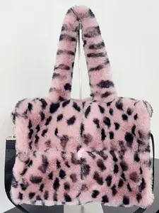 Fashion Leopard Pattern Plush Tote Bag, Large Capacity Shoulder Bag for Women, Casual Trendy Versatile High-quality Daily Commuting Bag, Girl Fashionable Shopping Bag, Shoulder Totes