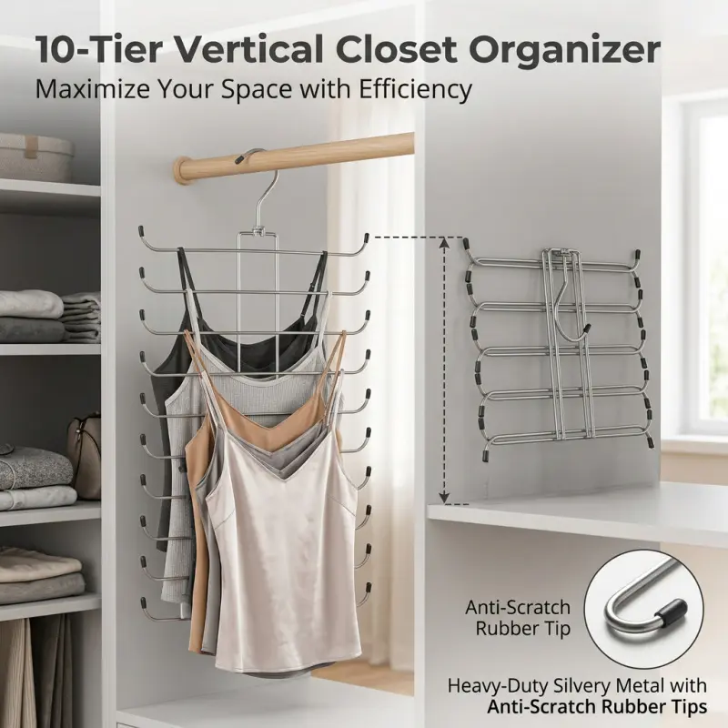 10-Tier Vertical Hanging Closet Organizer, Foldable Metal Tank Top Hanger with Anti-Scratch Tips, Space-Saving Hanger for Camisoles, Bras & Lingerie, Heavy Duty Hangers