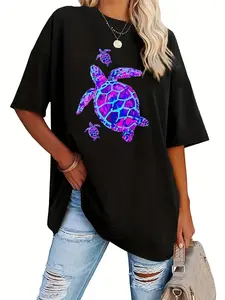 Plus Size - Plus Size - Plus Size Casual Top with Short Sleeve Pattern And Large Round Neck, Suitable for Summer And Spring, Women'S Plus Size Clothing