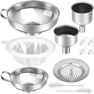 12 count Metal Canning Funnels Set Wide Mouth Mason Jar Funnels for Filling Stainless Steel Kitchen Filter with Strainer Mesh Filter Brushes and Adhesive Hooks,
