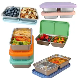 15 Oz Stainless Steel Snack Containers, Reusable Metal Snack Containers with Silicone Lids, 2 Compartment Stackable Lunch Box
