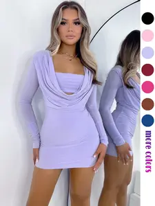 Two-piece Set Women's Solid Long Sleeve Ruched Draped Cowl Neck Bodycon Dress & Crop Tube Top, Elegant Fashion Casual Chic Fitted Casual Outfits for Daily Outdoor Wear, Women Clothing for Spring & Fall, Lady Vacation Outfit Sets, Womenswear