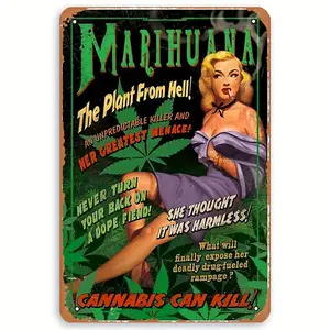 Vintage Reefer Madness Metal Tin Sign Art, "Marihuana: The Plant From Hell" Wall Decor – High Quality Iron Construction, Retro Poster for Home Bar Man Cave Decoration – Classic Propaganda Artwork Design
