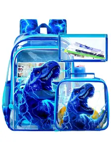 Kids Clear Backpack Set with T-Rex Dinosaur Print, Transparent School Bag with Lunch Bag & Pencil Case, Preppy Style for Boys