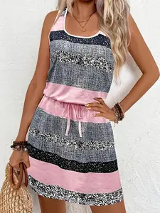Women's Striped Sleeveless Top & Skirt Matching Set Outfit, Drawstring, Adjustable, Loose Fit Casual, Elegant Style, Perfect for Daily Wear