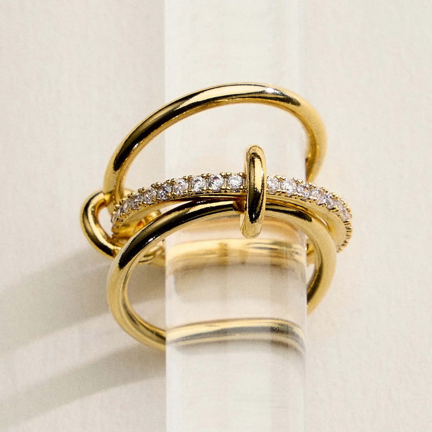 18K Gold Filled CZ Interlocking Ring – Modern Double Loop Statement Ring – Made in Korea
