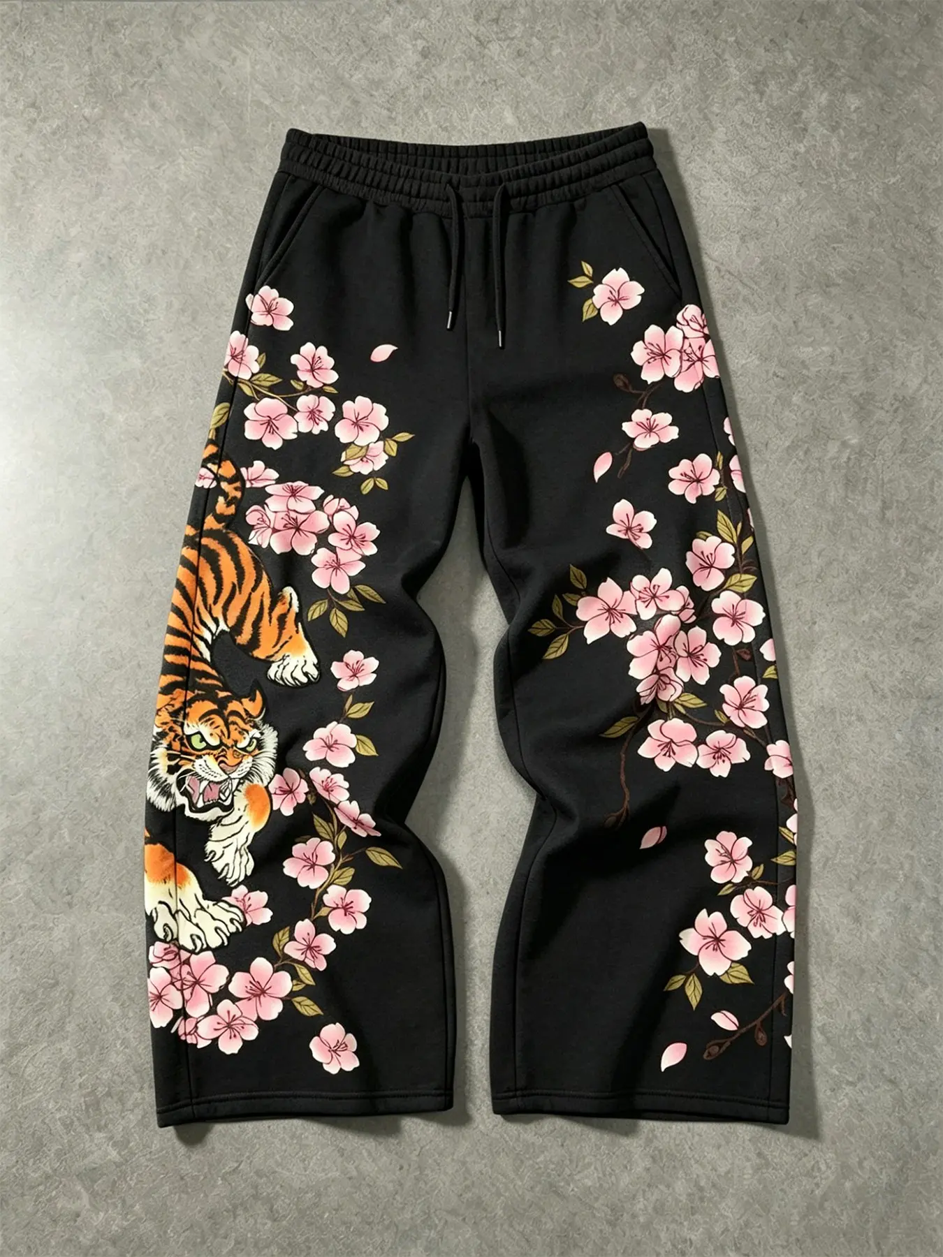 1 Piece Unisex Vintage Ukiyo-e Wide Leg Elastic Sweatpants, Tiger Cherry Blossom Floral Print Fitted Casual Pants Athletic Gym Pants for Streetwear & Sports Wear Casual Sportswear Pants