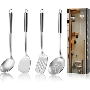 Cooking Utensils Set - 4 Pcs Stainless Steel Kitchen Utensils, Wok Utensils Set Include Wok Ladle, Wok Spatula, Slotted Spoon and Slotted Spatula, Dishwasher Safe