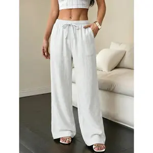 Women's Linen-Inspired Wide Leg Palazzo Pants - Soft Textured Fabric, Elastic Waist Drawstring, Comfortable Basic Bottom Outfits for Summer Travel, Yoga Clothes versatile casual long pant