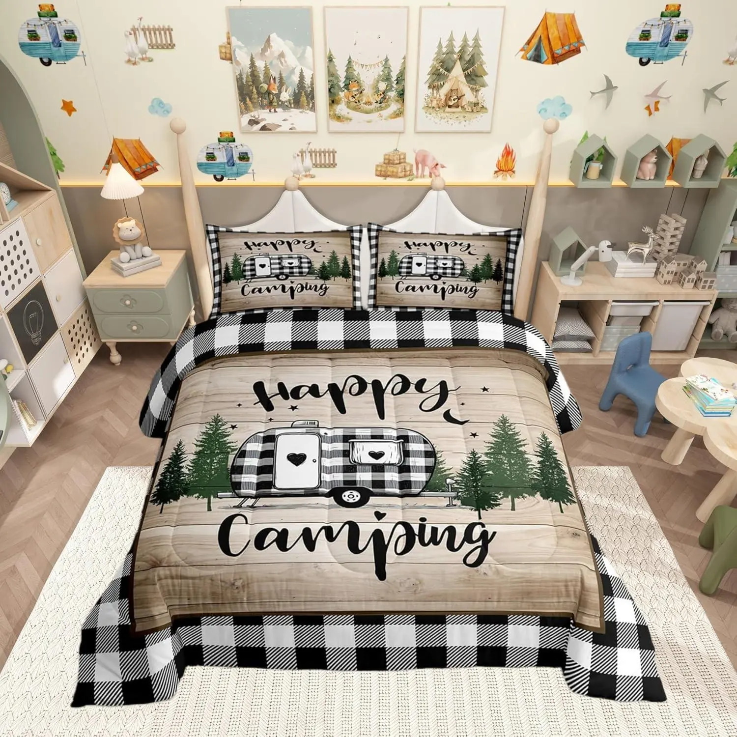 Feelyou Rustic Farmhouse Comforter Set - Breathable Duvet Set, Decorative Soft Bedroom Bedding for Kids, Vintage Wood-Themed Camper Room Decor, Bedroom Bedding Set