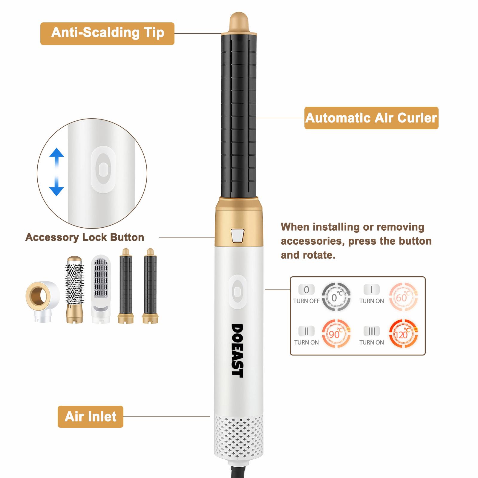 DOEAST US Seller 5-in-1 Hair Styler & Hair Dryer Set with Millions of Negative Ions Features Auto Hair Curler, Detachable Comb Heads, Curling Iron, Hair Straightener, Volumizer, Hot Air Brush & Air Curler All-in-One Hair Styling Tools,  Gift for Girls