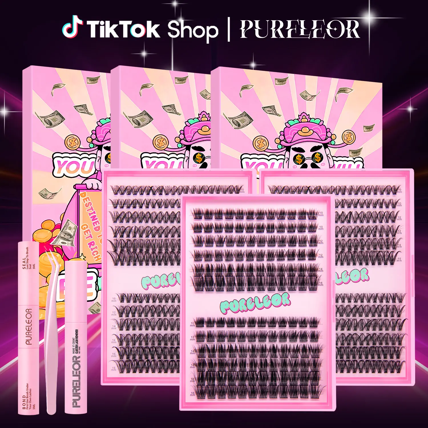 PURELEOR Lash Clusters Kit Wispy Eyelash Cluster Lashes Natural DIY Eyelashes Extension 10-16mm Mixed C-Curl Individual Lashes for Easy Home Application