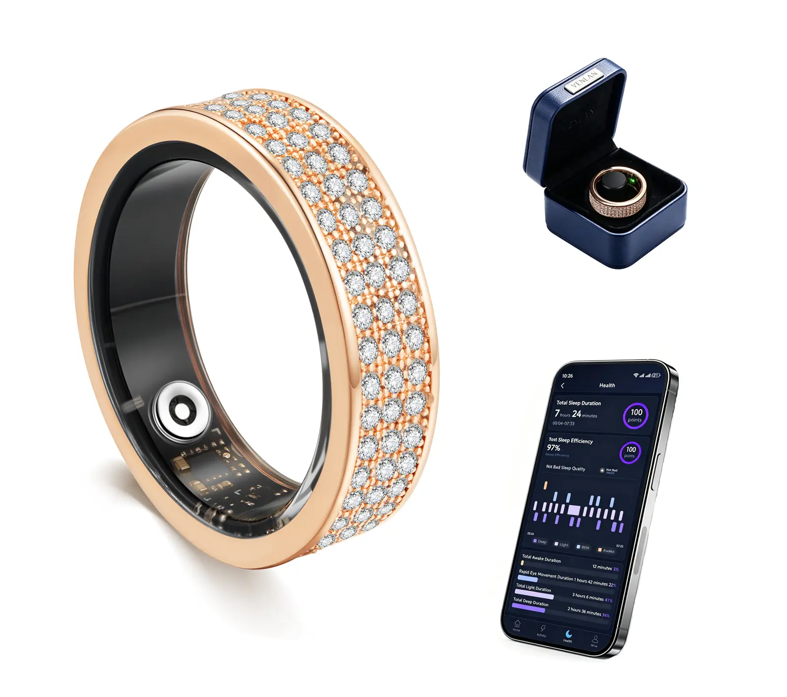 Venlan Smart Ring for Women - Elegant Fitness Ring with 100+ Zirconia Crystals, Dual-Plated Platinum Coating, Real-Time Heart Rate, Sleep & Temperature Monitoring