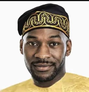 Black Kufi African Adebo Hat with Gold Embroidery-DPC104H