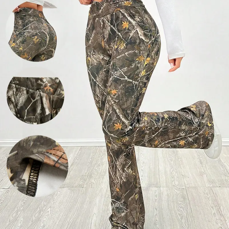 Women's Camo Slim-Fit Flared Hip Lift baggy Butt Shaping leggings, Cross Waistband, High-Waisted Comfortable Casual Style Trousers, Fashionable Everyday Wear Camouflage Print