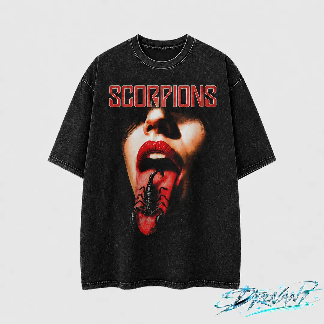 Men's Scorpions Graphic Cotton T-Shirt - Soft Fabric, Vintage Washed, Loose Round Neck Hem, Oversized Crew Neck, Red Lips & Scorpion Print, Retro Heavy Metal Streetwear, Breathable All-Season Casual Top, Machine Washable Fan Gift
