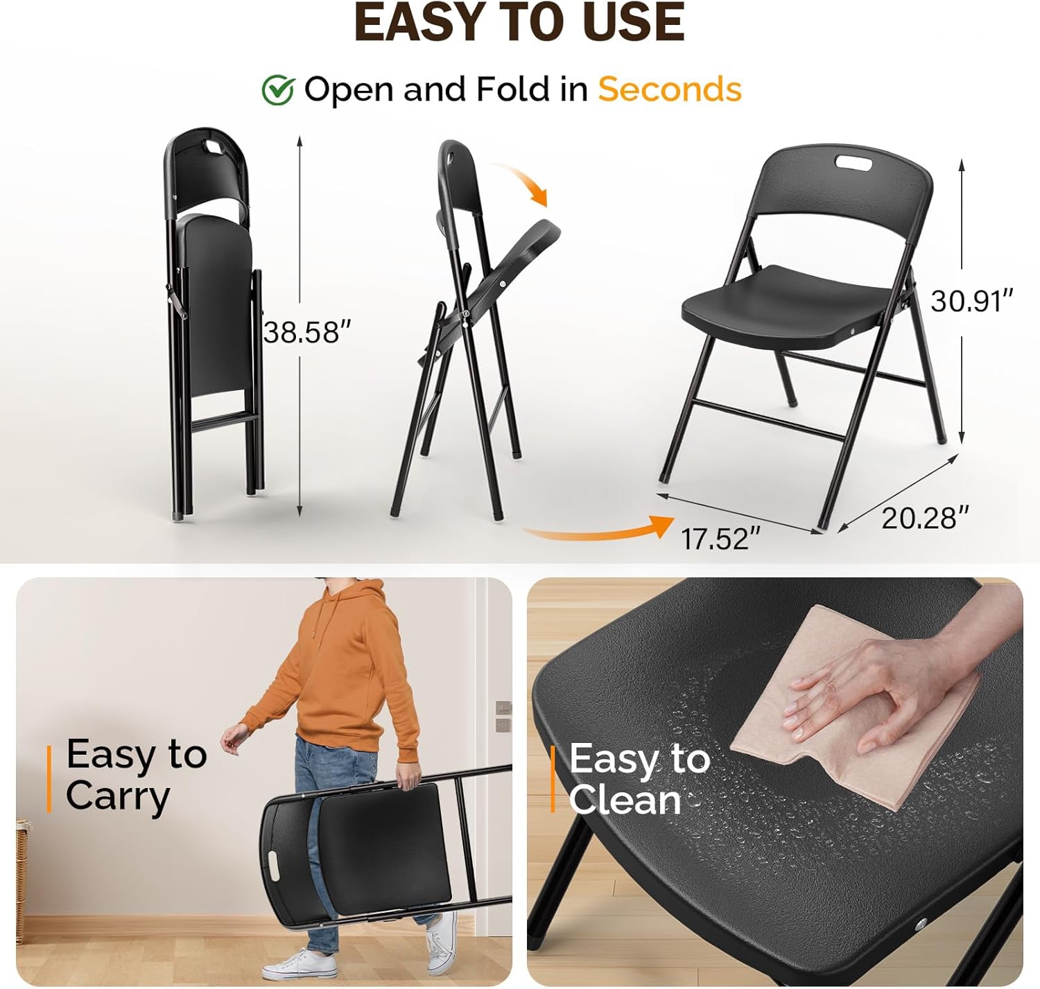 VINGLI Folding Chairs, Plastic Foldable Chair, Capacity up to 350 lbs, Portable Seating for Indoor Outdoor Events Parties Camping Work School Commercail