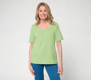 Susan Graver Essentials Comfy Cotton V-Neck Elbow Sleeve Top