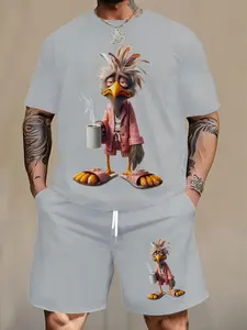 Personalized Sleepy Rooster Print Men's Short Sleeve Set Plus Size Loose Casual T-Shirt & Shorts Summer Street 2-Piece