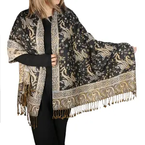 Women's Pashmina Shawl Wrap Paisley Embroidered Reversible Jacquard Luxury Scarf