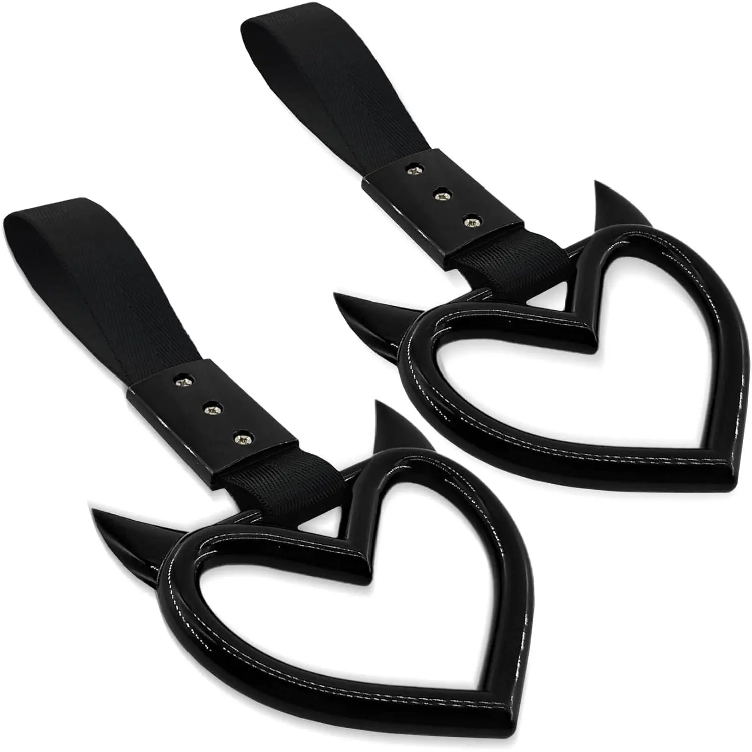 2PCS Heart shaped Car Handle Straps, Heart Car Accessories, Ring Hearts Shaped Cars Hand Strap Drift Charm, Universal Handle Keychains Accessory Suitable for Cars Bus (Black+balck)