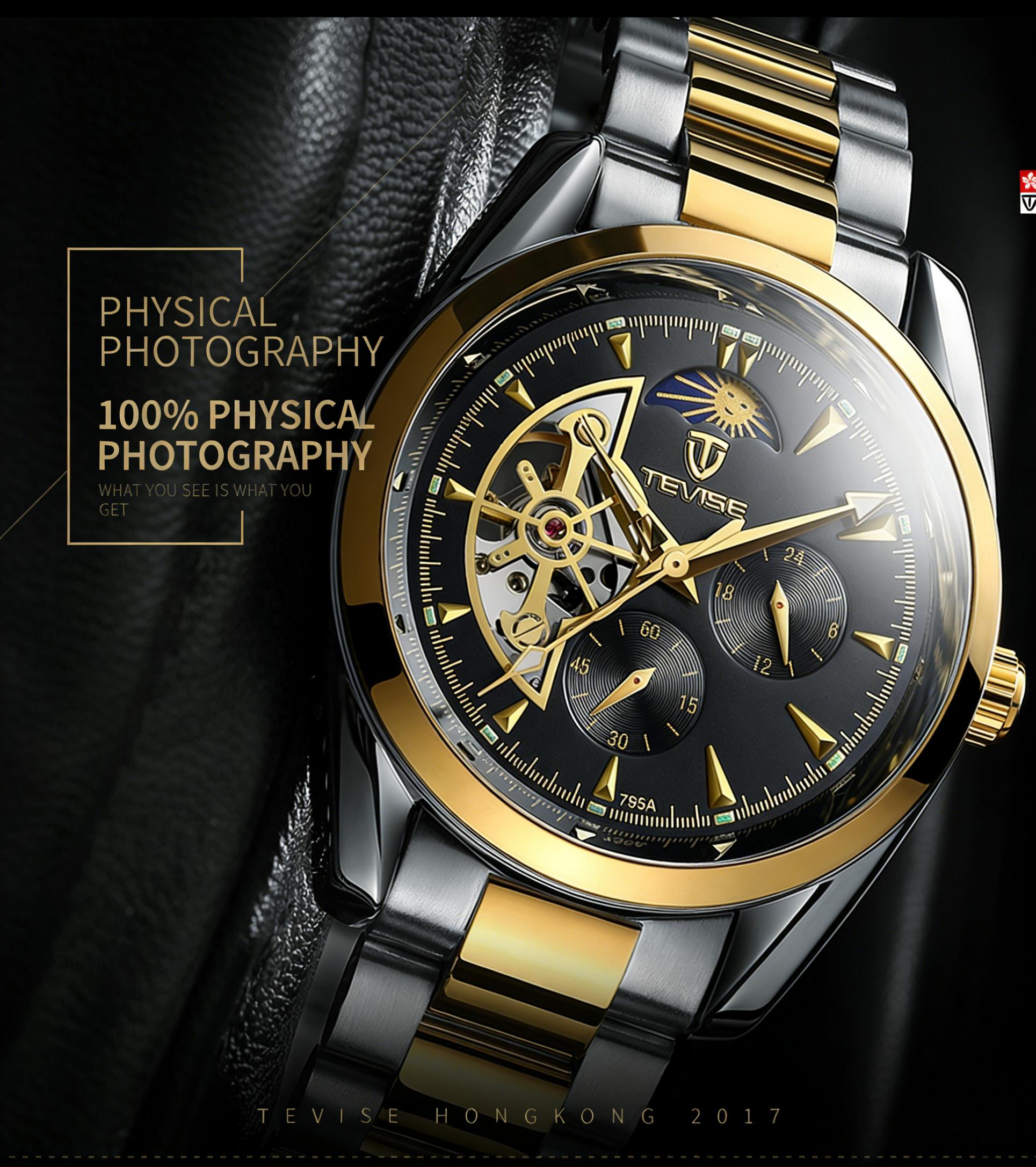 Luxury Men's Skeleton Watch, Moon Phase, Automatic Movement, Business Stainless Steel Wristwatch