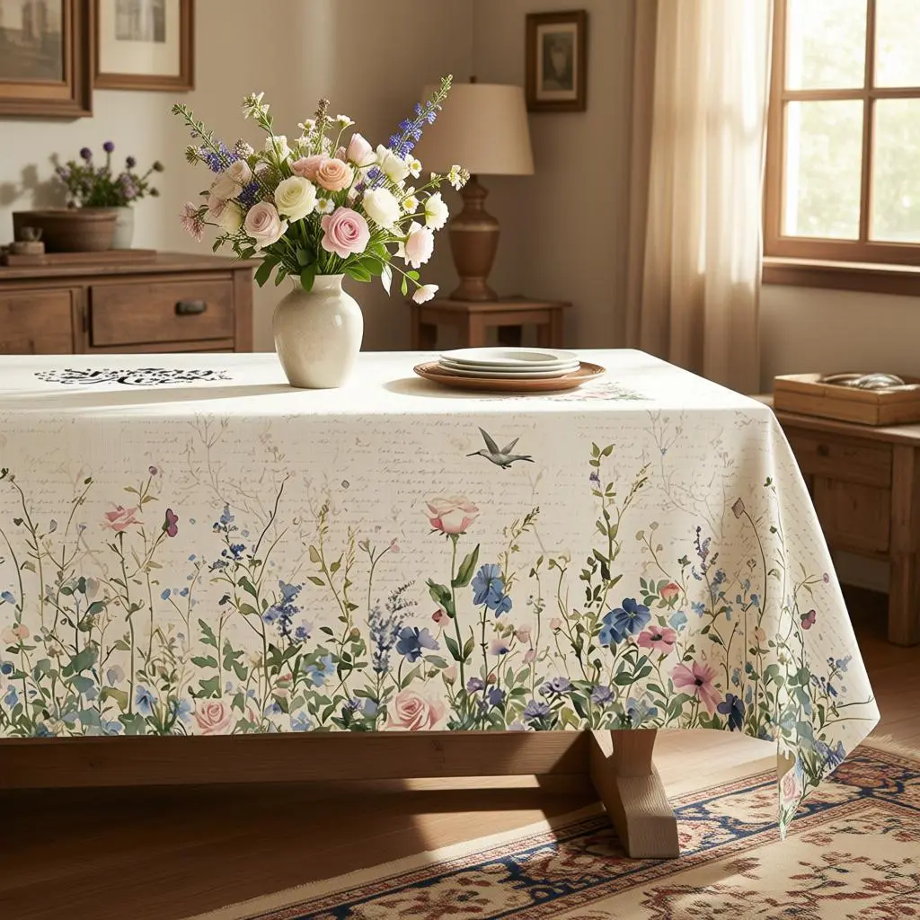 Floral tablecloth, ivory blue green and soft pink, featuring wildflowers, leaves and garden patterns, round, rectangular and oval shapes, suitable for banquets, restaurants, parties, festivals and birthdays, polyester, washable, clearance sale