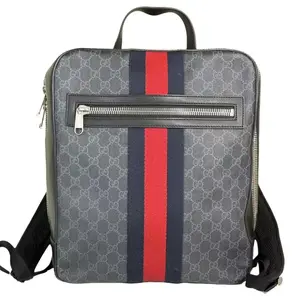 Pre-owned Leather Concept Leather Backpacks Gucci Web Zip Backpack GG Coated Canvas with Red and Navy Stripes Classic Design Gray Backpacks