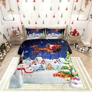 Christmas Bedding Set,Snowman Christmas Tree Print Comforter Set,Santa Claus with Reindeer Quilt Set for Kids Boys Girls Room Decor New Year Theme Duvet Set