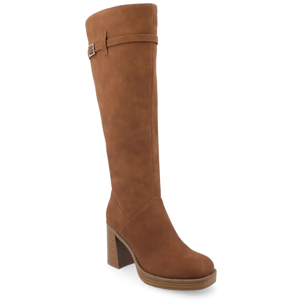 Journee Collection Women's Letice Vegan Leather Knee-High Boots, 70s Style Platform Shoe with a Square Toe and Stacked Heel