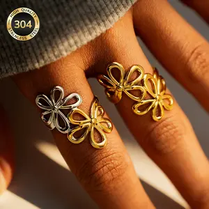 Women's Floral Open Ring - Floral Accent Rings, Stainless Steel with Metal Coating, Adjustable Flower Design, Minimal Everyday Fashion Costume Jewelry Accessory
