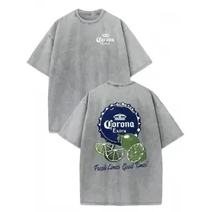 Vintage Washed Gray "Corona Extra Fresh Limes Good Times" Double Sided Graphic Oversized T-Shirt, Retro Beer & Lime Print Casual Summer Streetwear Top for Men Women orange black