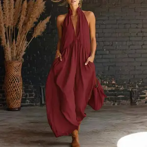 2026 Minimalist Halter Neck Maxi Dress for Women, Casual Loose Fit Long Dress with Side Pockets, Lightweight Breathable Summer Dress, Effortless Versatile Style for Daily Wear, Beach, Vacation & Trendy Boho OOTD Outfits